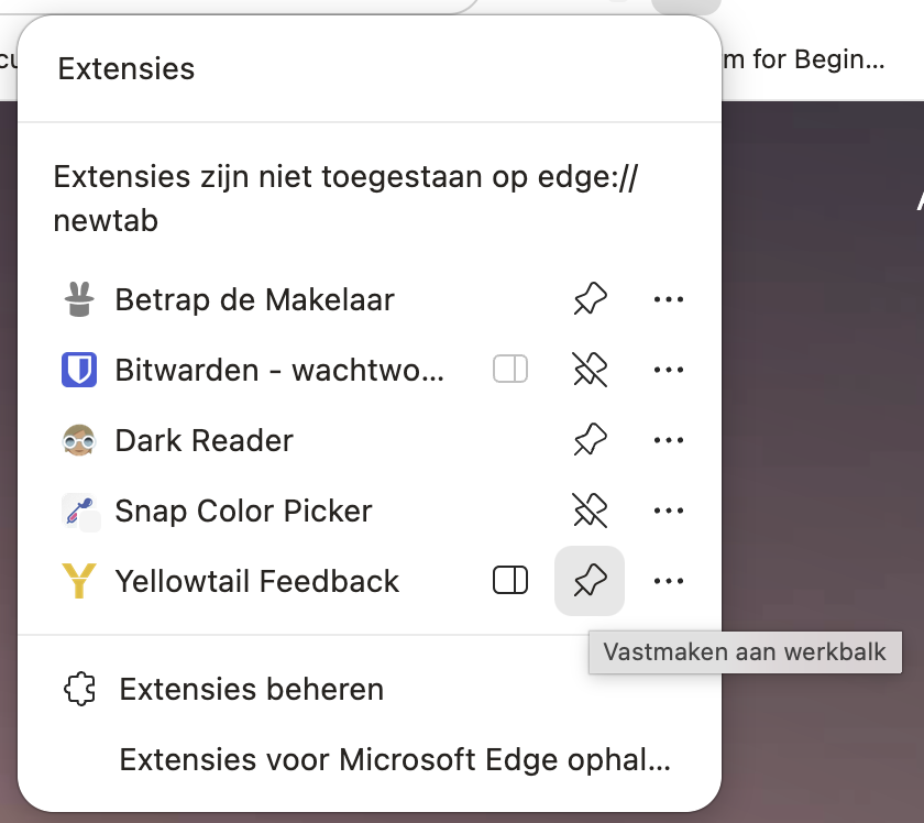 Extensiemenu met het pin-icoontje naast Yellowtail Feedback